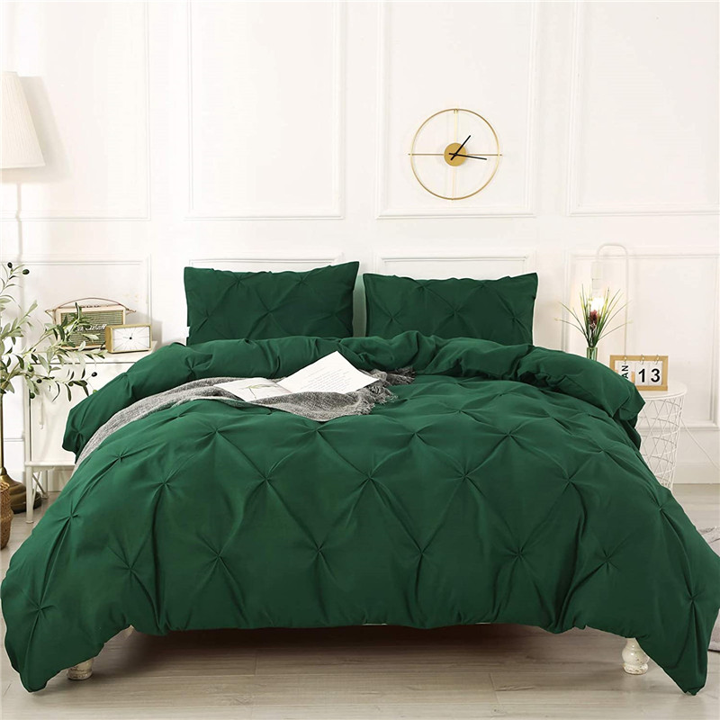 Green Queen Pinch Pleat Duvet Cover, 3 Pieces Pintuck Comforter Cover Soft Microfiber Bedding Set with Zipper Closure & Corner Ties(1 Duvet Cover, 2 Pillowcases)