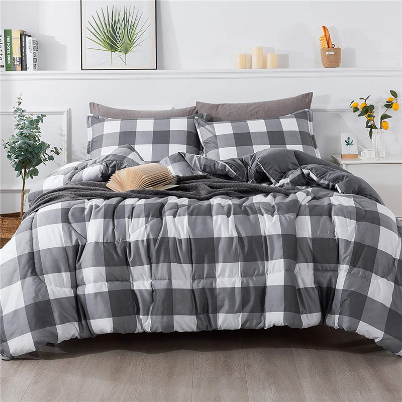 White Grid Comforter Set, 3 Pieces(1 Grid Comforter and 2 Pillowcases) White Plaid Comforter Set, Microfiber Down Alternative Comforter Bedding Set