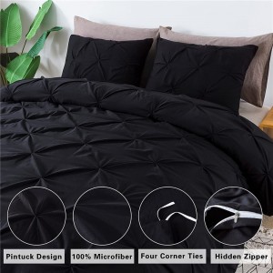 Pinch Pleat Duvet Cover, 3 Pieces Pintuck Comforter Cover Soft Microfiber Bedding Set with Zipper Closure & Corner Ties(-1 Duvet Cover, 2 Pillowcases)