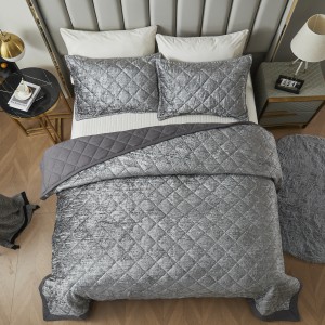 LUCKYBULL Gray Korean Velvet Quilt Set, 3 Pieces Luxury Textured Soft Bedspread with 2 Pillowcases, Reversible Coverlet Set for All Season