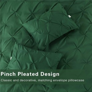 Green Queen Pinch Pleat Duvet Cover, 3 Pieces Pintuck Comforter Cover Soft Microfiber Bedding Set with Zipper Closure & Corner Ties(1 Duvet Cover, 2 Pillowcases)