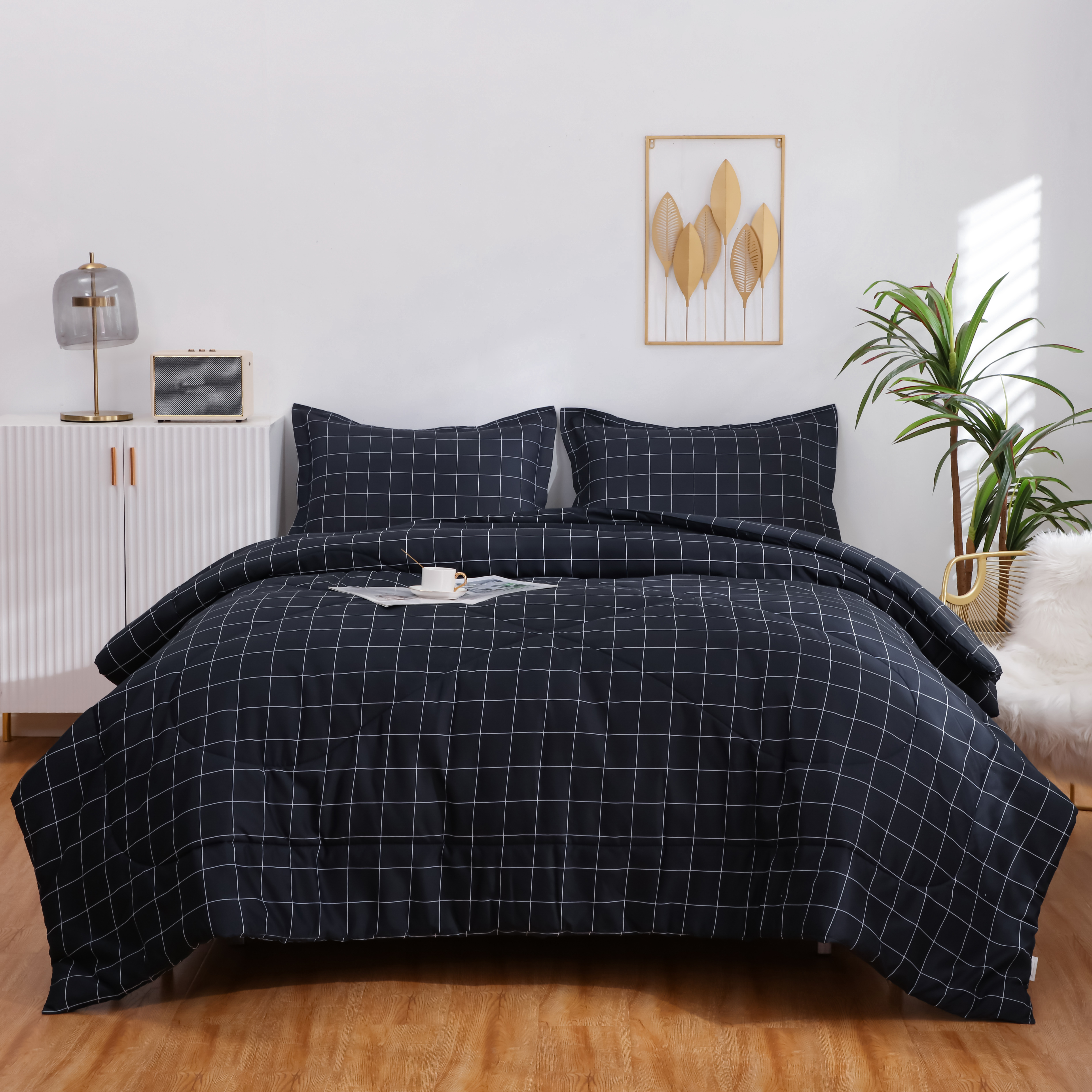 LUCKYBULL Navy Grid Comforter Set 3 Pieces Full Bedding Set Fluffy Down Alternative Navy Grid Comforter with White Lines, Grid Soft Textured Comforter with 2 Pillowcases All Seasons