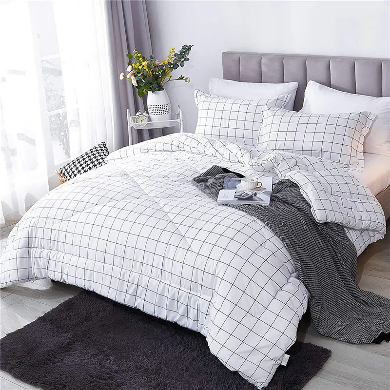 “Experience ultimate comfort with White Grid Comforter Set with Microfiber Down”