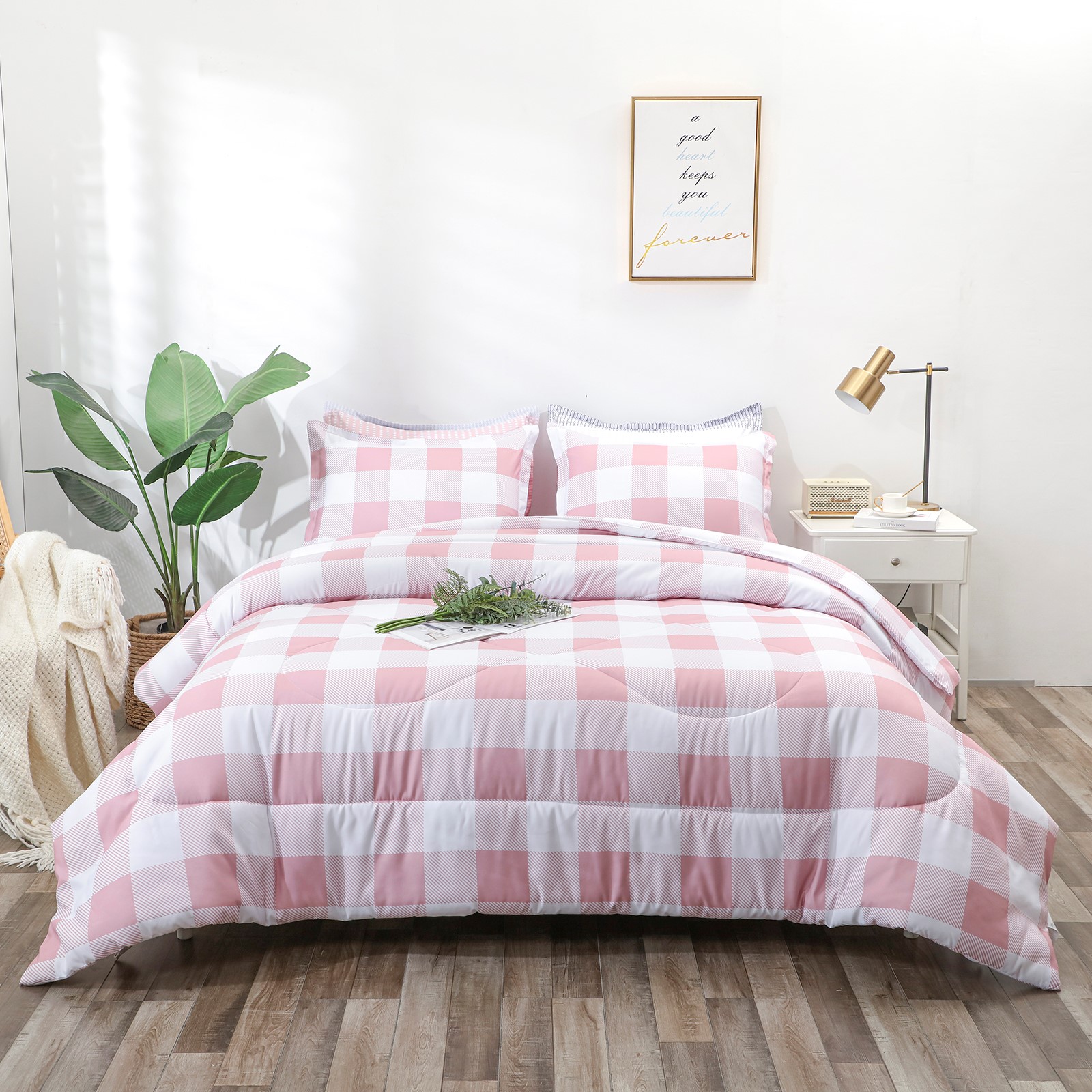 Luckybull Blush White Plaid Comforter Full (79x90Inch), 3 Pieces (1 Plaid Comforter and 2 Pillowcases) Buffalo Check Plaid Comforter Set, Geometric Checkered Comforter Bedding Set Featured Image