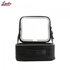 Black Travel Makeup Bag Case with Led Light Mirror Makeup Brush Case