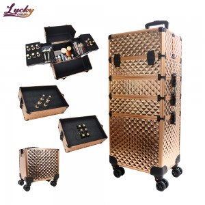 4 In 1 Gold Color Water Cube ABS Aluminum Trolley Makeup Case Professional Rolling Cosmetic Case