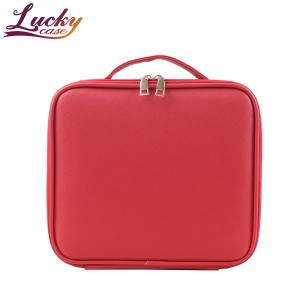 Red PU Leather Makeup Bag Travel Cosmetic Bag with Adjustable Dividers