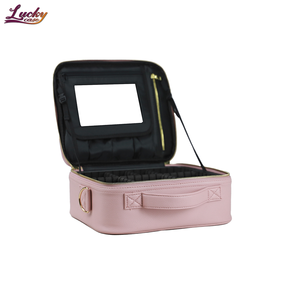 Pink Cosmetic Case with Mirror Travel Makeup Train Case Organizer with Dividers