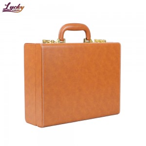 Brown PU Leather Tool Suitcase High Grade Storage Lockable Case with Velvet Lining