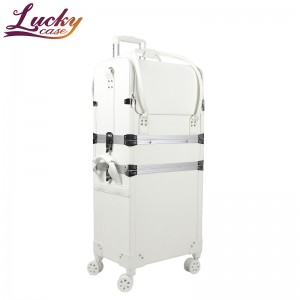 3 In 1 White PU Trolley Makeup Case Beautiful Cosmetic Travel Case