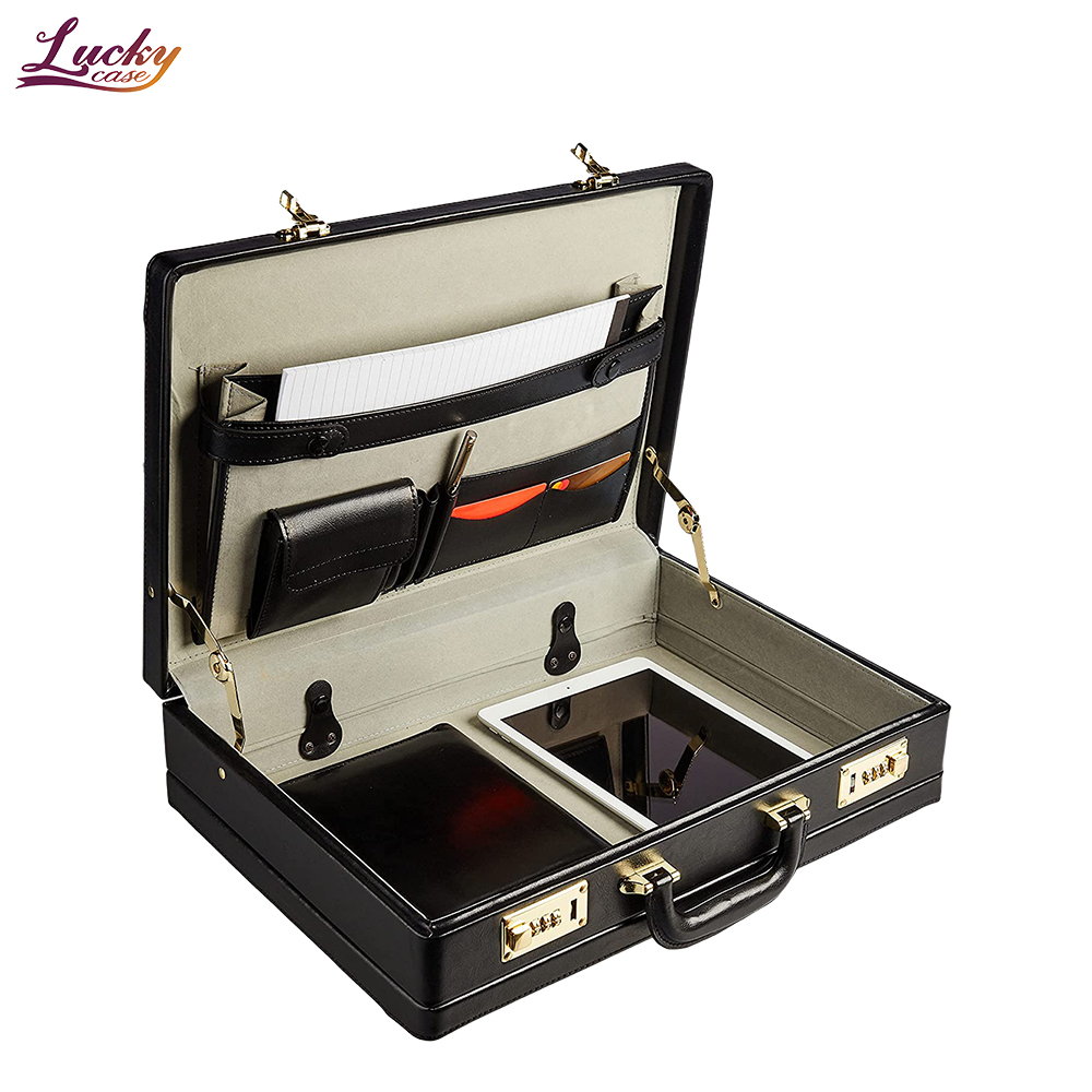 Black PU Leather Briefcase Business Meeting Carrying Protected Case For Laptop And Document