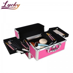 Pink PU Cosmetic Case Makeup Case Makeup Suitcase with trays