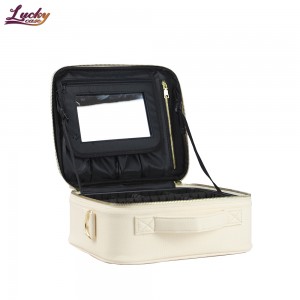 White Cosmetic Bag with Mirror Travel Makeup Case Organizer Makeup Bag with Dividers