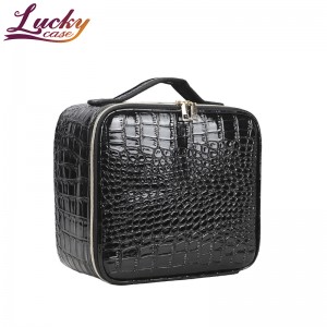 Black Color PU Crocodile Pattern Makeup Bag With Adjustable LED Lights Portable Travel Cosmetic Bag With Mirror