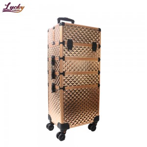 4 In 1 Gold Color Water Cube ABS Aluminum Trolley Makeup Case Professional Rolling Cosmetic Case