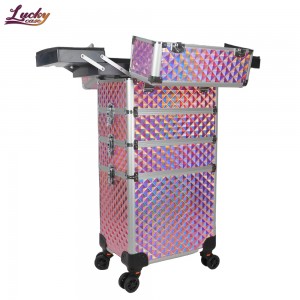 Pink 4 In 1 Trolley Makeup Case For Professional Makeup Artist Colorful Water Cube Train Cosmetic Case