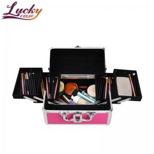 Pink PU Cosmetic Case Makeup Case Makeup Suitcase with trays
