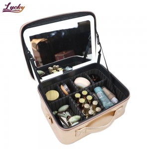 Gold Pu Makeup Bag with Led Mirror Lighted Make Up Travel Bag with Dividers Cosmetic Vanity Bag