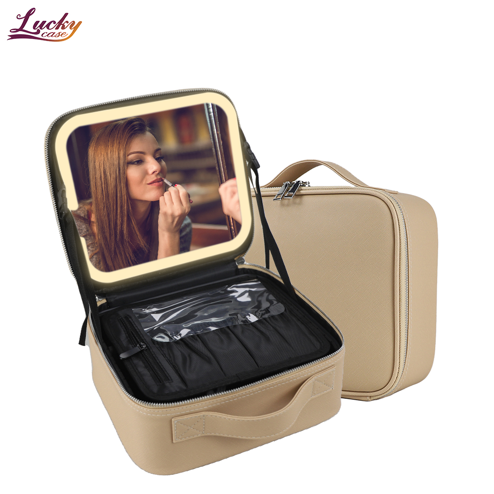 Makeup Case with Lighted Mirror Waterproof Pu Cosmetic Bag Featured Image