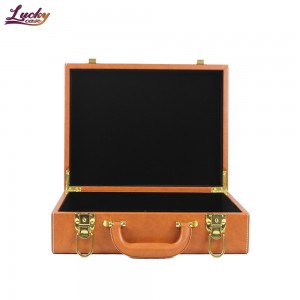 Brown PU Leather Tool Suitcase High Grade Storage Lockable Case with Velvet Lining