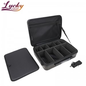 Black Color Hard Shell ABS Makeup Case With Support Belt And Brushes Holder Large Capacity  Travel Carrying Makeup Box With EVA Dividers