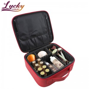 Red PU Leather Makeup Bag Travel Cosmetic Bag with Adjustable Dividers