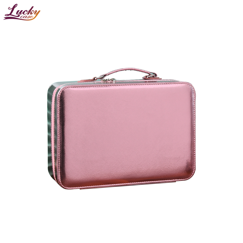 Bright Pink Travel Makeup Bag Professional Large Pu Leather Cosmetic Bag with Mirror