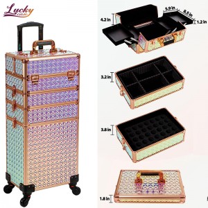 4 in 1 Colorful Trolley Makeup Case Water Cube Professional Rolling Makeup Case