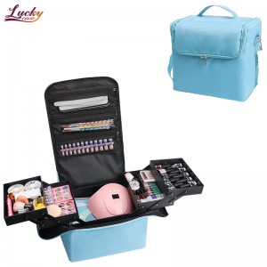 4 Trays Nail Polish Travel Bag Blue Makeup Train Case Professional Makeup Organizer Case