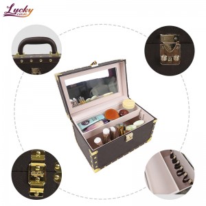 Brown Color PU Leather Makeup Case With Velvet Lining Tray And Mirror Retro Cosmetic Case