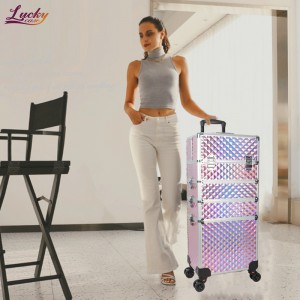 Pink 4 In 1 Trolley Makeup Case For Professional Makeup Artist Colorful Water Cube Train Cosmetic Case