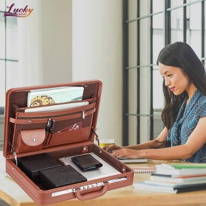 Brown PU Leather Briefcase Attache Case with Combination Locks