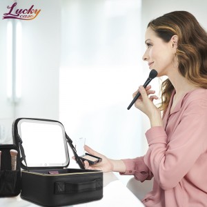 Black Travel Makeup Bag Case with Led Light Mirror Makeup Brush Case