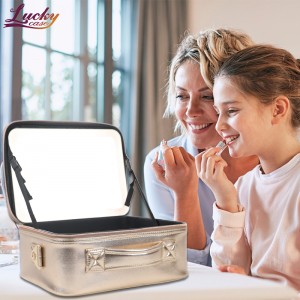 Gold Pu Makeup Bag with Led Mirror Lighted Make Up Travel Bag with Dividers Cosmetic Vanity Bag