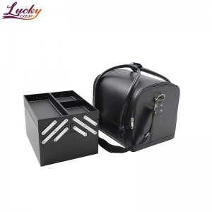 PU Leather Cosmetic Makeup Vanity Box Jewelry Saloon Bag with Removable Trays