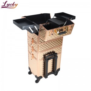 4 in 1 Gold Aluminum Professional Rolling Makeup Trolley Case