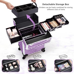 2 in 1 Rolling Portable Professional Cosmetic Makeup Travel Case Aluminum Artists Cosmetic Storage