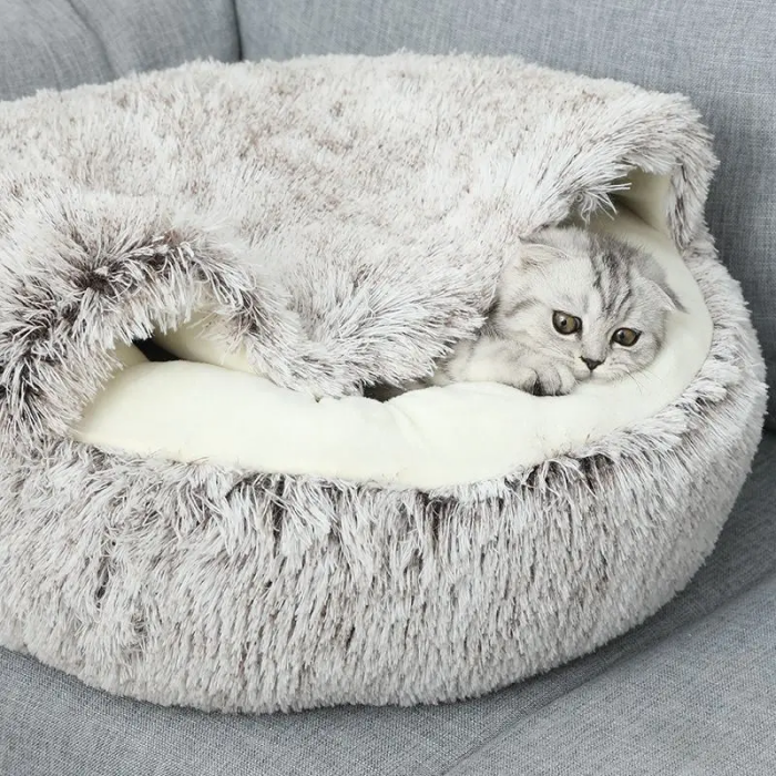 បដិវត្តន៍មិនរអិល ភួយរាងមូល Fluffy Washable Pet Cave Bed Cats and Dogs Love