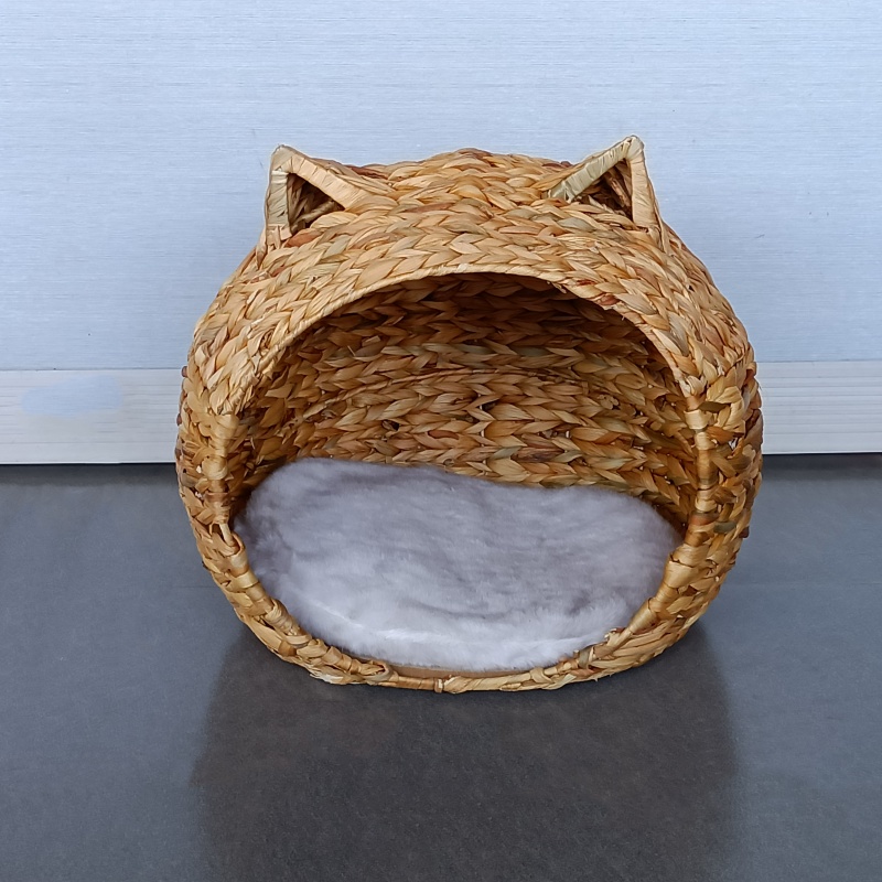 Cat Shape Water Hyacinth Cat House Dog Bed with Pad