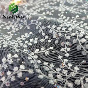 Elegant rhinestone beaded embroidered nylon tulle mesh lace fabric for high quality clothing