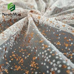 Fashion flocking and rose gold foil printed tulle polyester mesh lace fabric