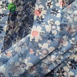 Blue floral printed polyester cotton warp knitted mesh lace fabric for dressmaking