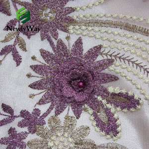 Appliques Embroidered Design Metallic Yarn Tulle Lace Mesh Fabric