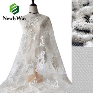 African Silver Wedding Dress Lace Bridal Crystal White Sequins Luxury Glitter Glue Tulle Fabric for Evening Dress Woman Material