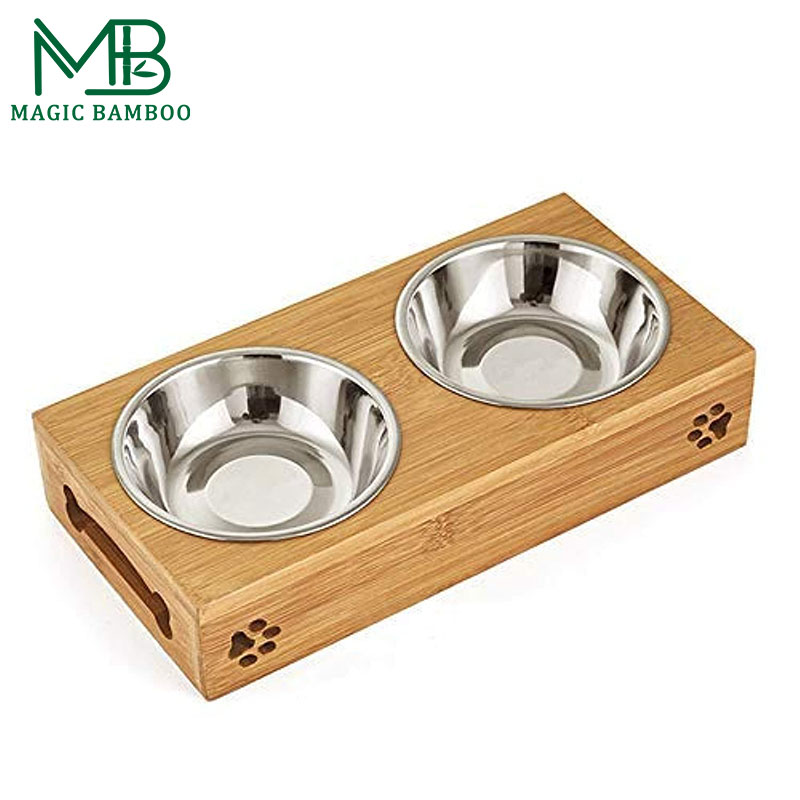 Bamboo Stable Cat Dog Pet Feeders Sustainable