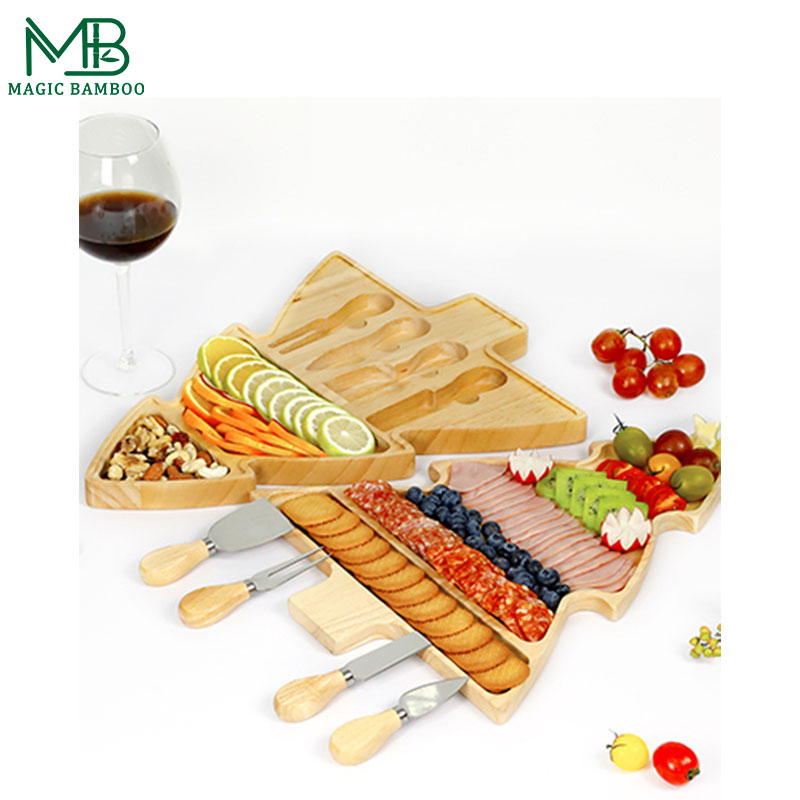2 Tier Christmas Tree Shape Solid Bamboo Cheese Board Set