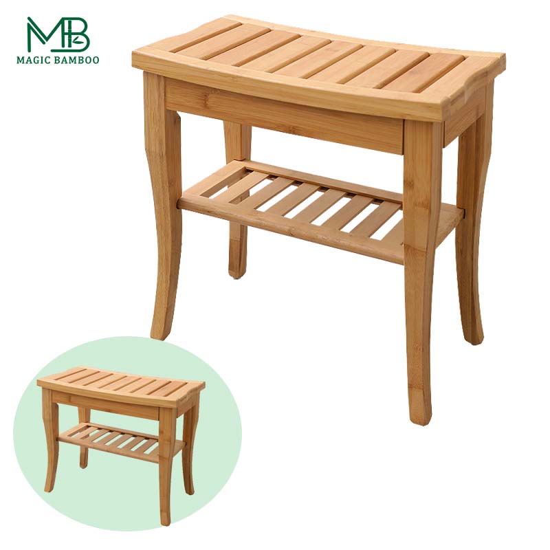 Bamboo Shower Bench Chair with Storage Shelf
