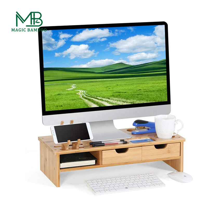 Bamboo Office Desktop คอมพิวเตอร์แล็ปท็อป Monitor Stand Riser พร้อม 2 ลิ้นชัก