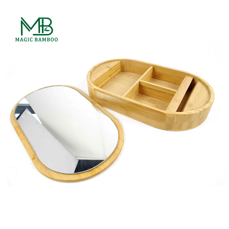 Organisieren Sie stilvoll mit der ovalen, mehrfach unterteilten Box aus Bambus mit Spiegel