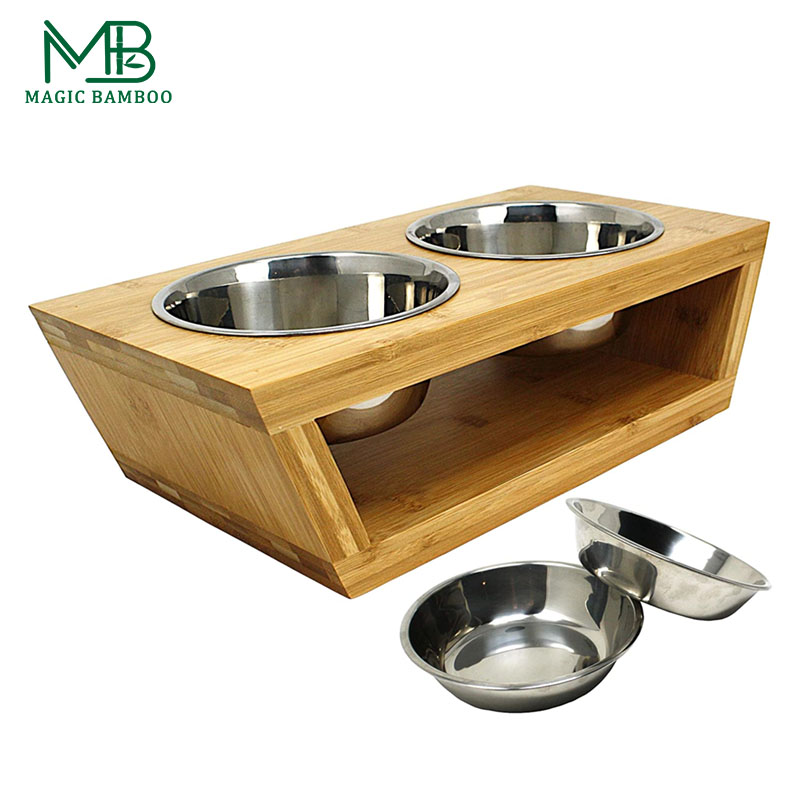 Bamboo Food And Water Holder For Pet